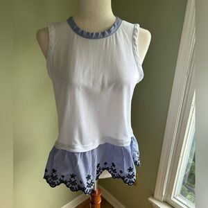 J Crew black Label XS white tank w/blue striped trim and blue embroidered ruffle